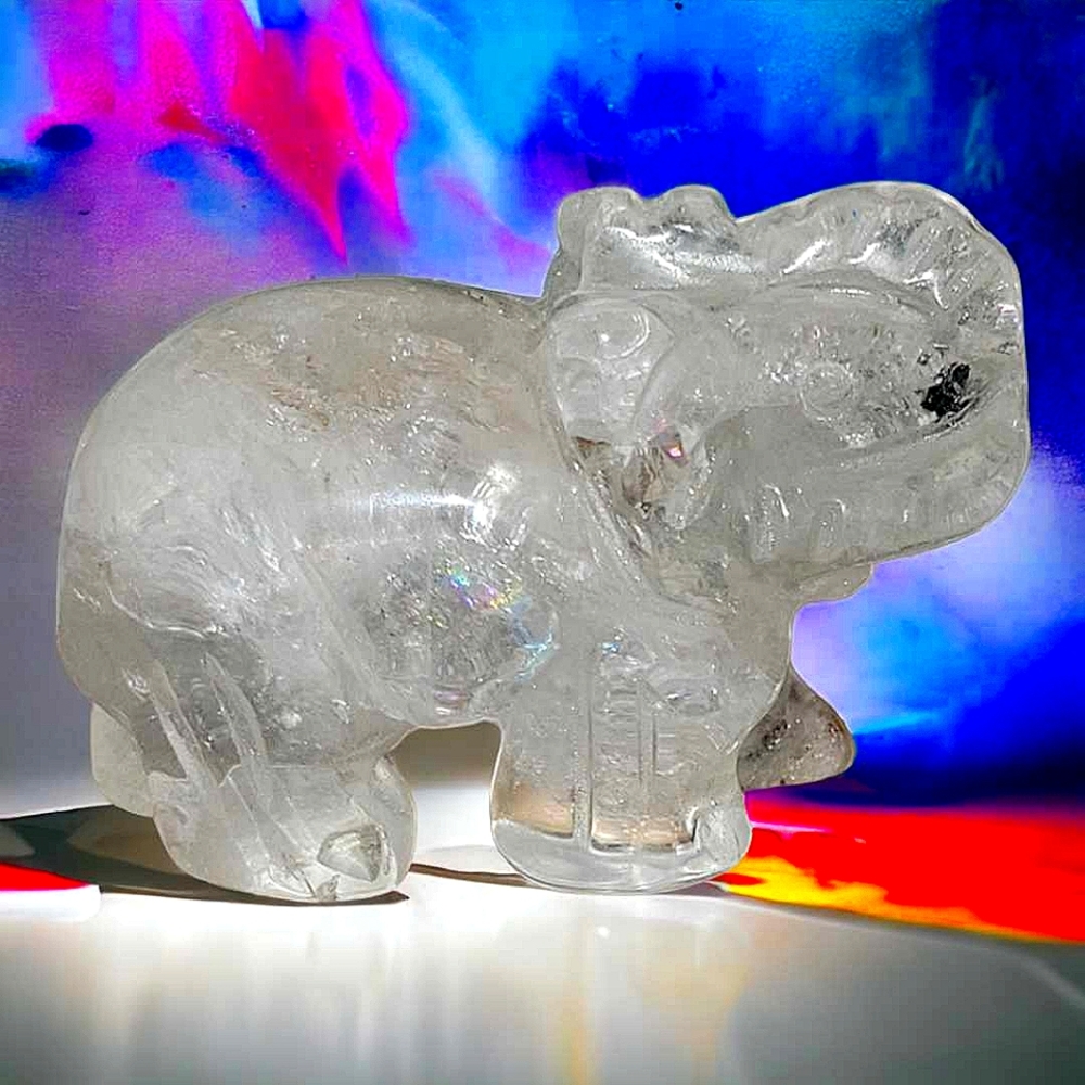 Clear Quartz Lucky Elephant Carving With Tourmaline Inclusions